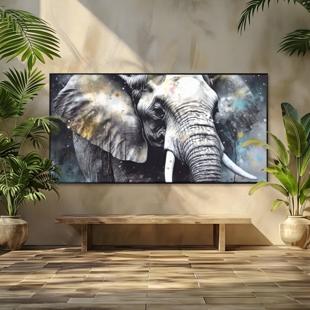 Leinwand Premium Canvas Wandkunst, LuxCanva® M1313, Staub des Universums, Elefant, künstlerisch, Profil, Malerei, Colti, Grafit, Grau, Abstrakt, Realistisch, Tier, Wild, Büro, Wohnen, Kinderzimmer
