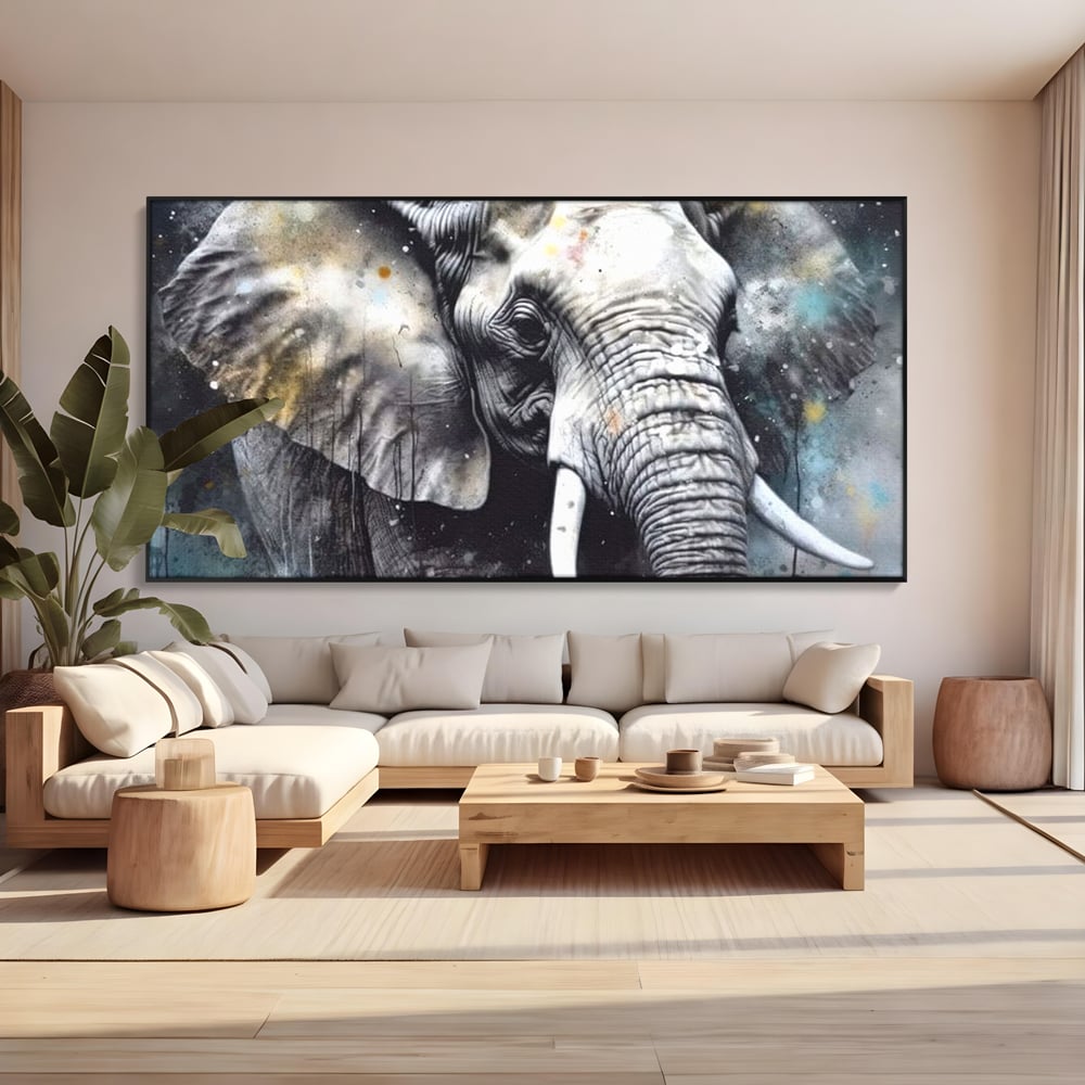 Leinwand Premium Canvas Wandkunst, LuxCanva® M1313, Staub des Universums, Elefant, künstlerisch, Profil, Malerei, Colti, Grafit, Grau, Abstrakt, Realistisch, Tier, Wild, Büro, Wohnen, Kinderzimmer
