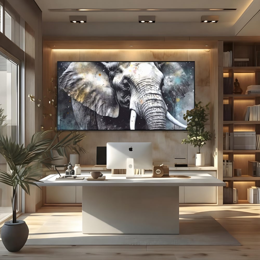 Leinwand Premium Canvas Wandkunst, LuxCanva® M1313, Staub des Universums, Elefant, künstlerisch, Profil, Malerei, Colti, Grafit, Grau, Abstrakt, Realistisch, Tier, Wild, Büro, Wohnen, Kinderzimmer