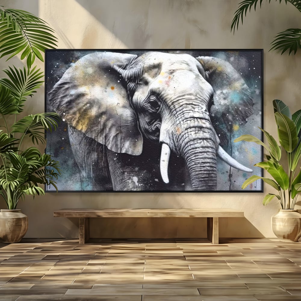 Leinwand Premium Canvas Wandkunst, LuxCanva® M1313, Staub des Universums, Elefant, künstlerisch, Profil, Malerei, Colti, Grafit, Grau, Abstrakt, Realistisch, Tier, Wild, Büro, Wohnen, Kinderzimmer