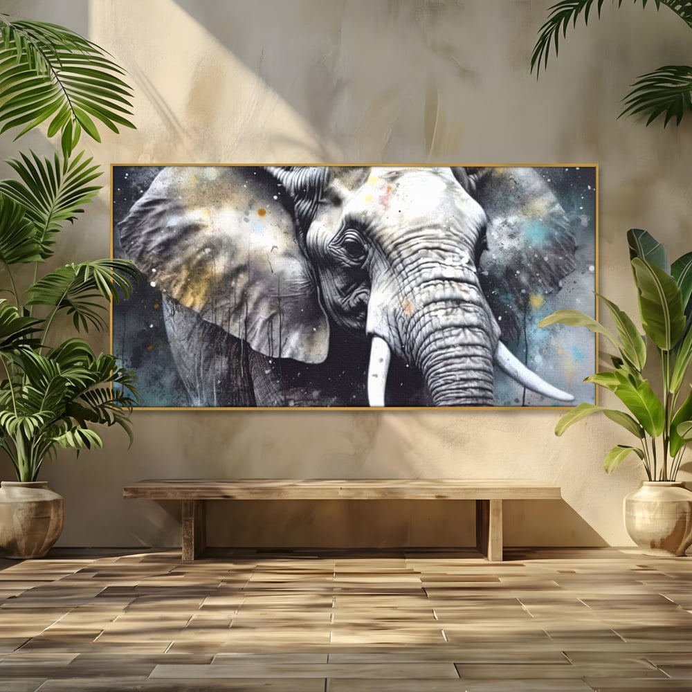 Leinwand Premium Canvas Wandkunst, LuxCanva® M1313, Staub des Universums, Elefant, künstlerisch, Profil, Malerei, Colti, Grafit, Grau, Abstrakt, Realistisch, Tier, Wild, Büro, Wohnen, Kinderzimmer