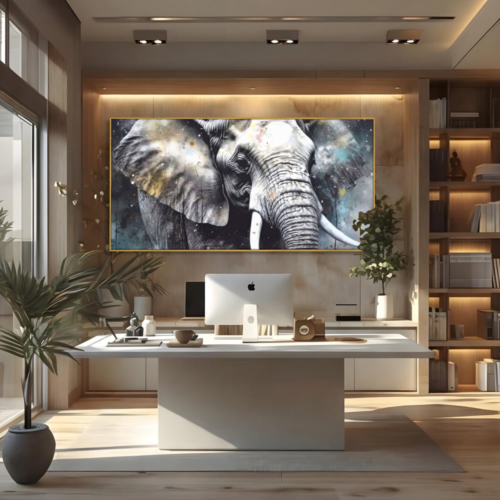 Leinwand Premium Canvas Wandkunst, LuxCanva® M1313, Staub des Universums, Elefant, künstlerisch, Profil, Malerei, Colti, Grafit, Grau, Abstrakt, Realistisch, Tier, Wild, Büro, Wohnen, Kinderzimmer