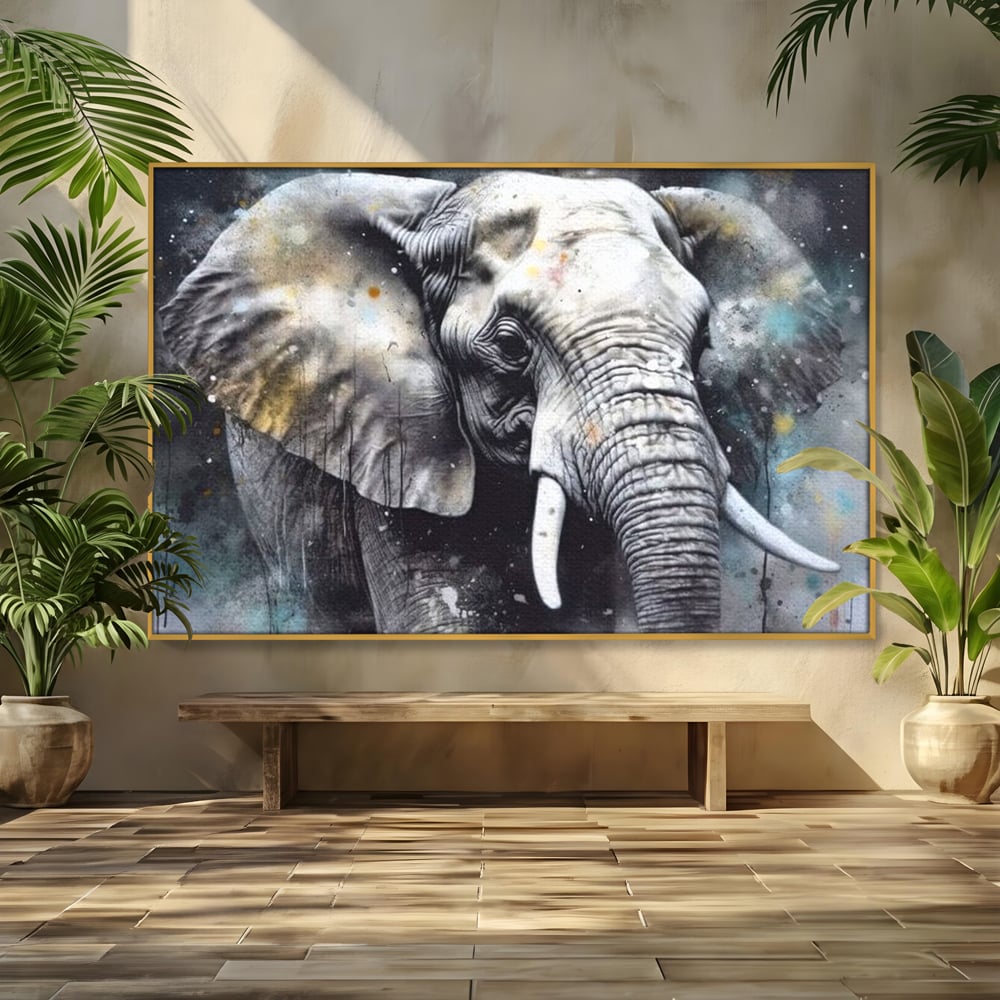 Leinwand Premium Canvas Wandkunst, LuxCanva® M1313, Staub des Universums, Elefant, künstlerisch, Profil, Malerei, Colti, Grafit, Grau, Abstrakt, Realistisch, Tier, Wild, Büro, Wohnen, Kinderzimmer