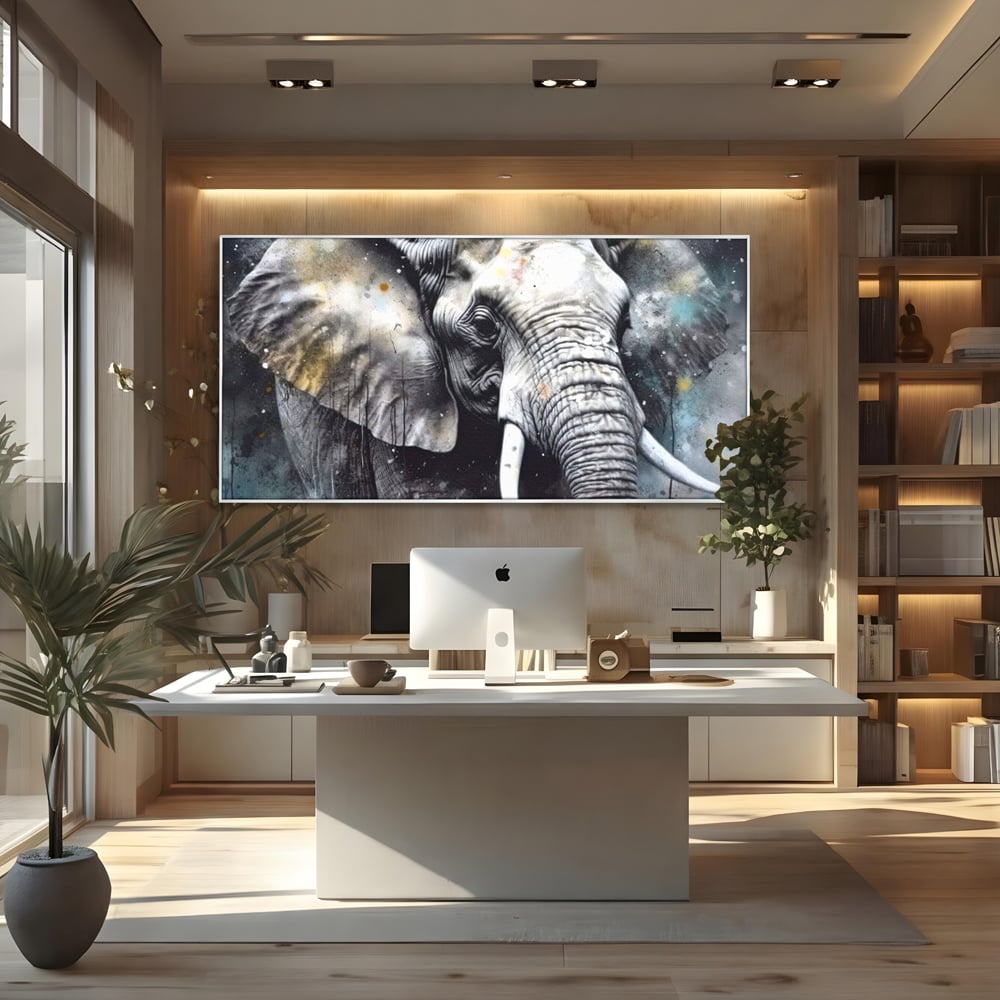 Leinwand Premium Canvas Wandkunst, LuxCanva® M1313, Staub des Universums, Elefant, künstlerisch, Profil, Malerei, Colti, Grafit, Grau, Abstrakt, Realistisch, Tier, Wild, Büro, Wohnen, Kinderzimmer