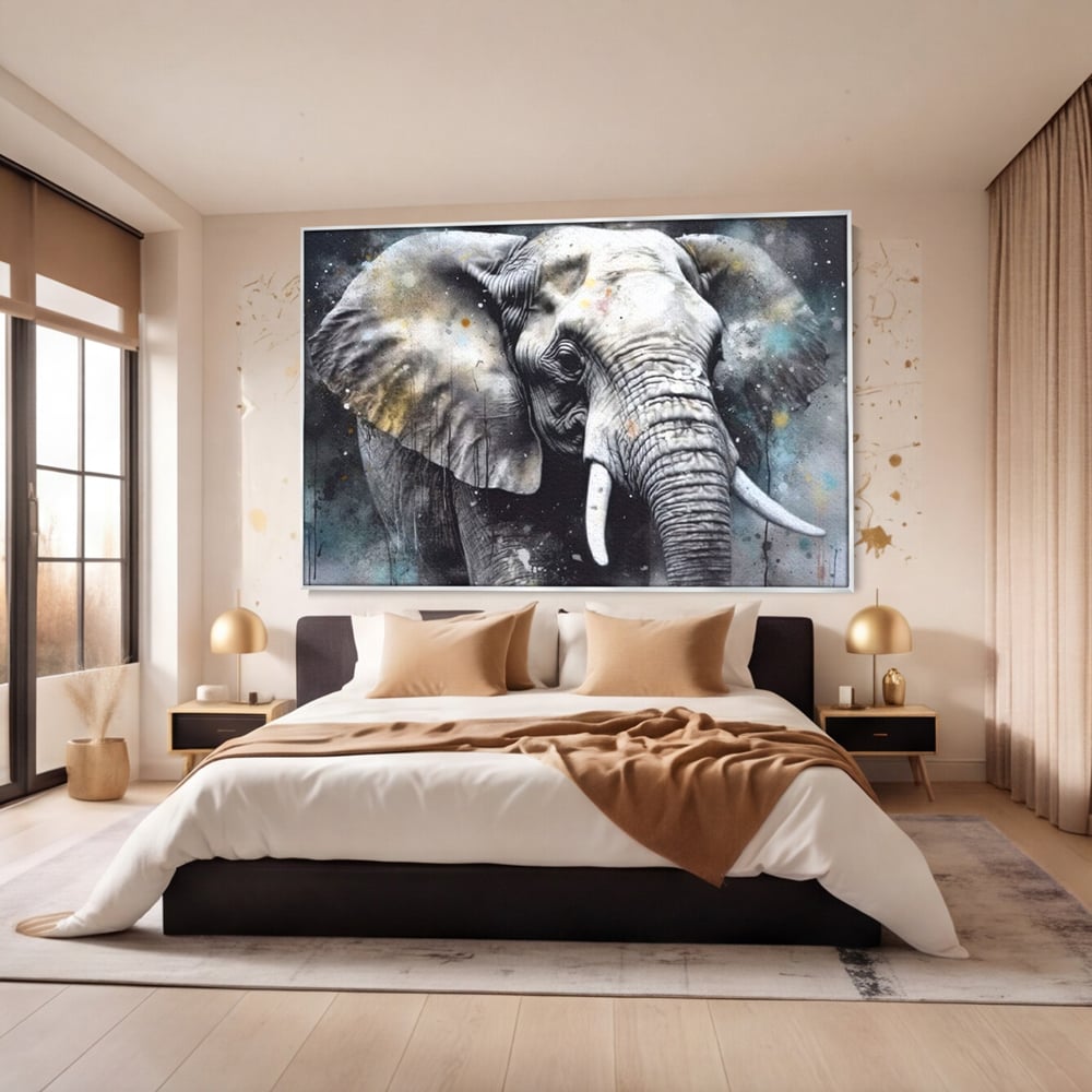 Leinwand Premium Canvas Wandkunst, LuxCanva® M1313, Staub des Universums, Elefant, künstlerisch, Profil, Malerei, Colti, Grafit, Grau, Abstrakt, Realistisch, Tier, Wild, Büro, Wohnen, Kinderzimmer