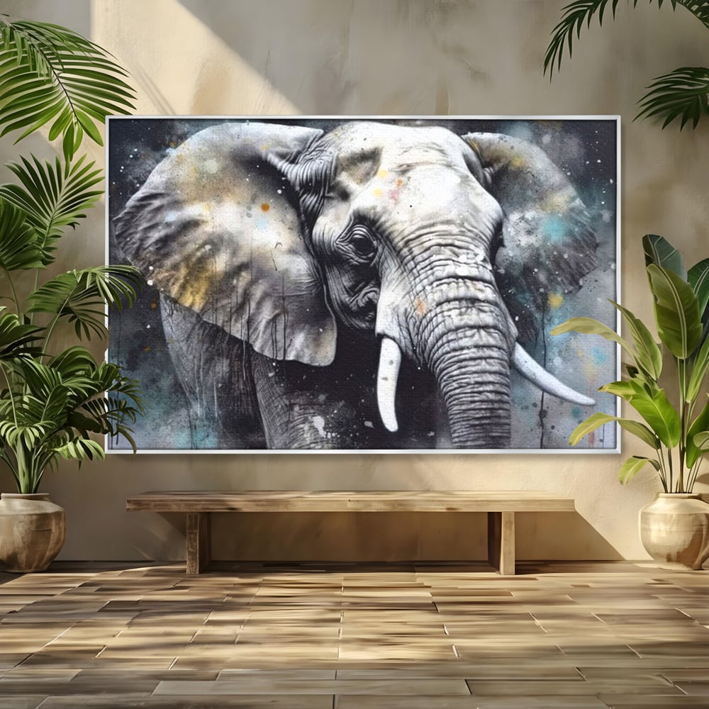 Leinwand Premium Canvas Wandkunst, LuxCanva® M1313, Staub des Universums, Elefant, künstlerisch, Profil, Malerei, Colti, Grafit, Grau, Abstrakt, Realistisch, Tier, Wild, Büro, Wohnen, Kinderzimmer