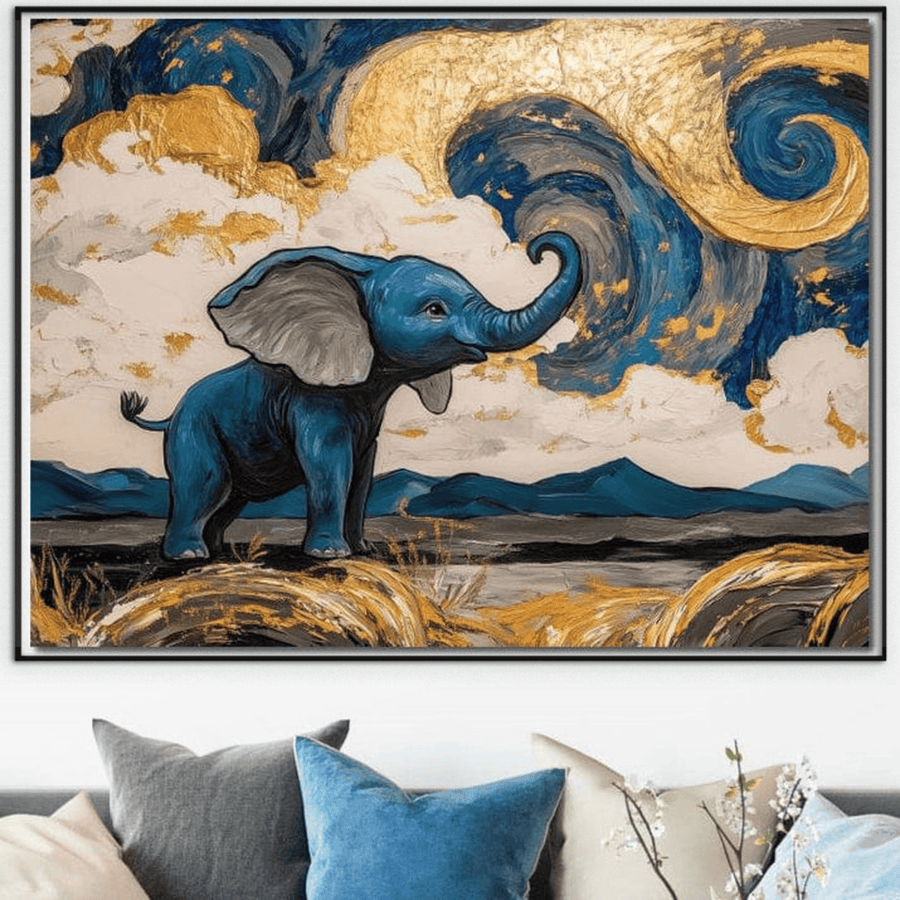 Tablou Canvas Premium M1314 de la LuxCanva®, "Taramul Sclipirilor", prezintă un elefant albastru abstract cu valuri aurii, într-un stil oniric inspirat de Van Gogh - o artă perfectă pentru camere de zi, birouri sau spații pentru copii.