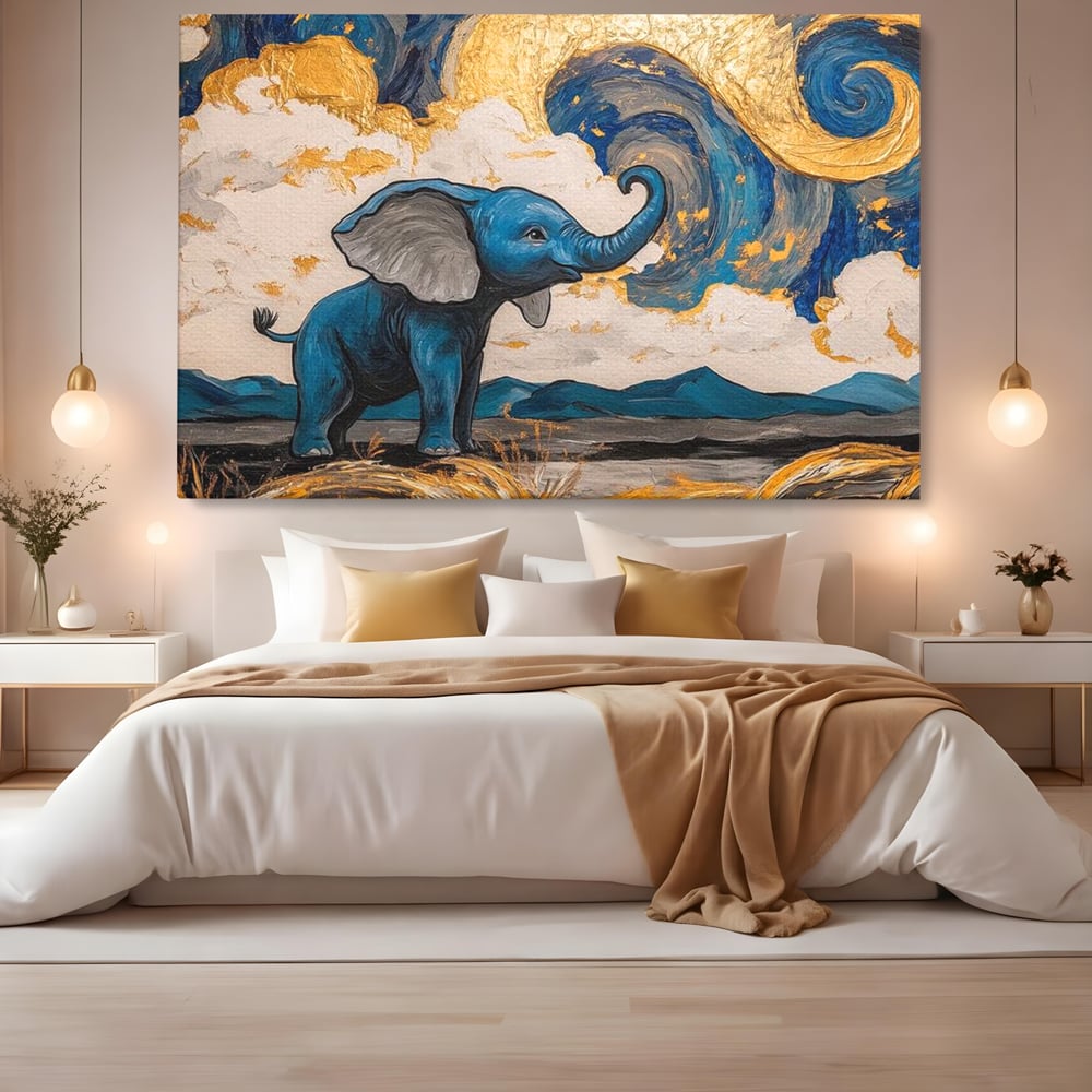 Tablou Canvas Premium, LuxCanva® M1314, Taramul Sclipirilor, Auriu, Valuri, Trompa, Oniric, Elefantel, Pictat, Vis, Dragalas, Magic, Arta Abstracta, Birou, Living, Camera Copil