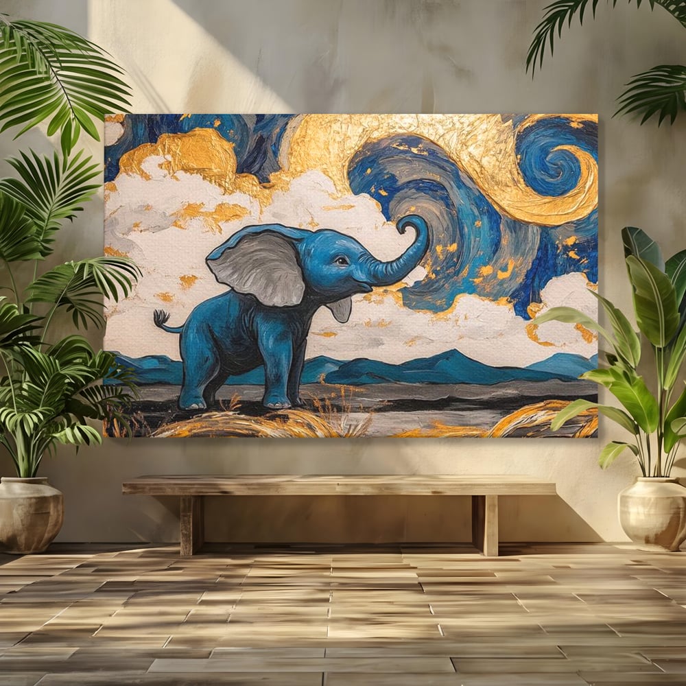 Tablou Canvas Premium, LuxCanva® M1314, Taramul Sclipirilor, Auriu, Valuri, Trompa, Oniric, Elefantel, Pictat, Vis, Dragalas, Magic, Arta Abstracta, Birou, Living, Camera Copil