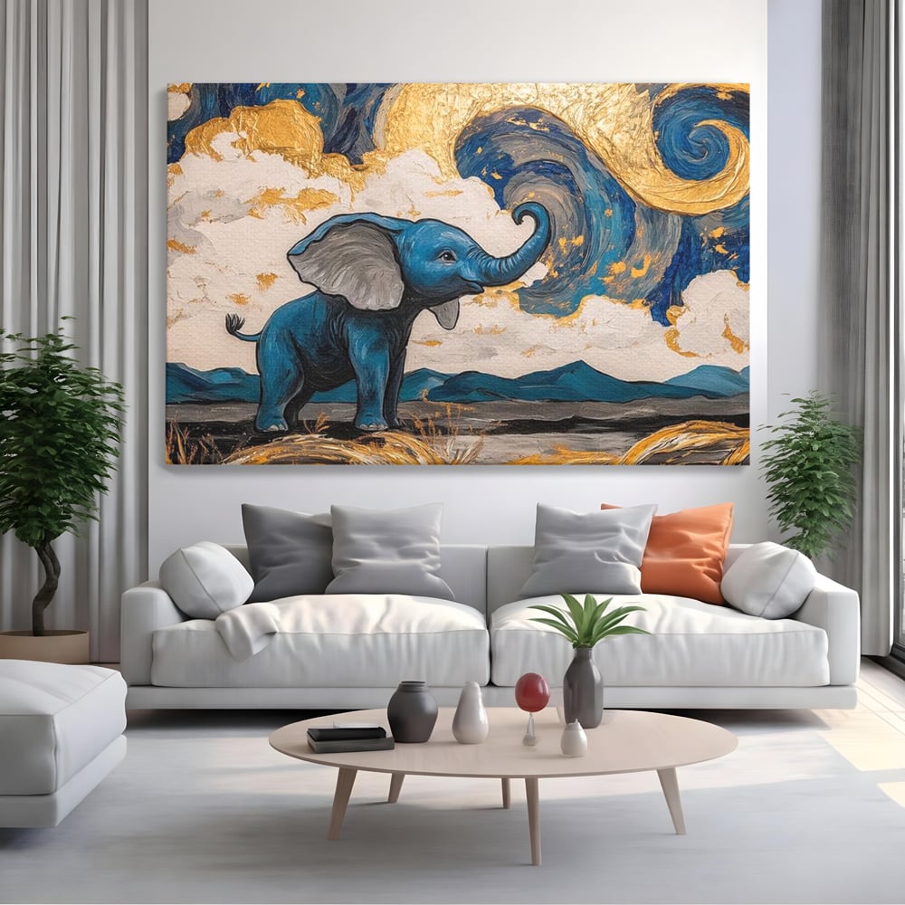 Tablou Canvas Premium, LuxCanva® M1314, Taramul Sclipirilor, Auriu, Valuri, Trompa, Oniric, Elefantel, Pictat, Vis, Dragalas, Magic, Arta Abstracta, Birou, Living, Camera Copil