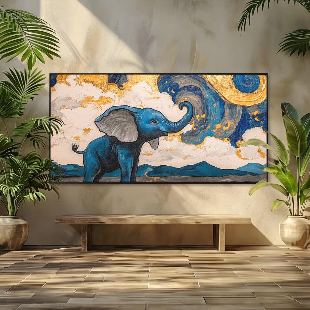 Tablou Canvas Premium, LuxCanva® M1314, Taramul Sclipirilor, Auriu, Valuri, Trompa, Oniric, Elefantel, Pictat, Vis, Dragalas, Magic, Arta Abstracta, Birou, Living, Camera Copil