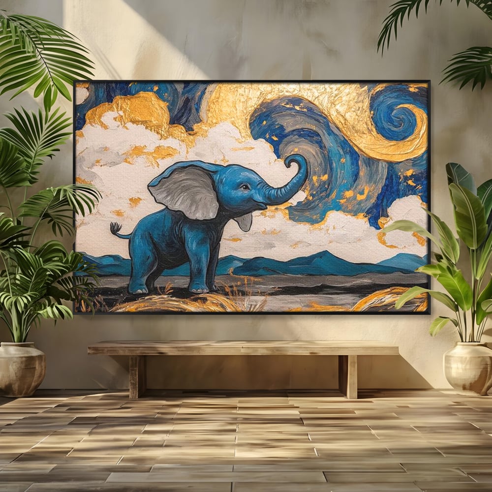 Tablou Canvas Premium, LuxCanva® M1314, Taramul Sclipirilor, Auriu, Valuri, Trompa, Oniric, Elefantel, Pictat, Vis, Dragalas, Magic, Arta Abstracta, Birou, Living, Camera Copil