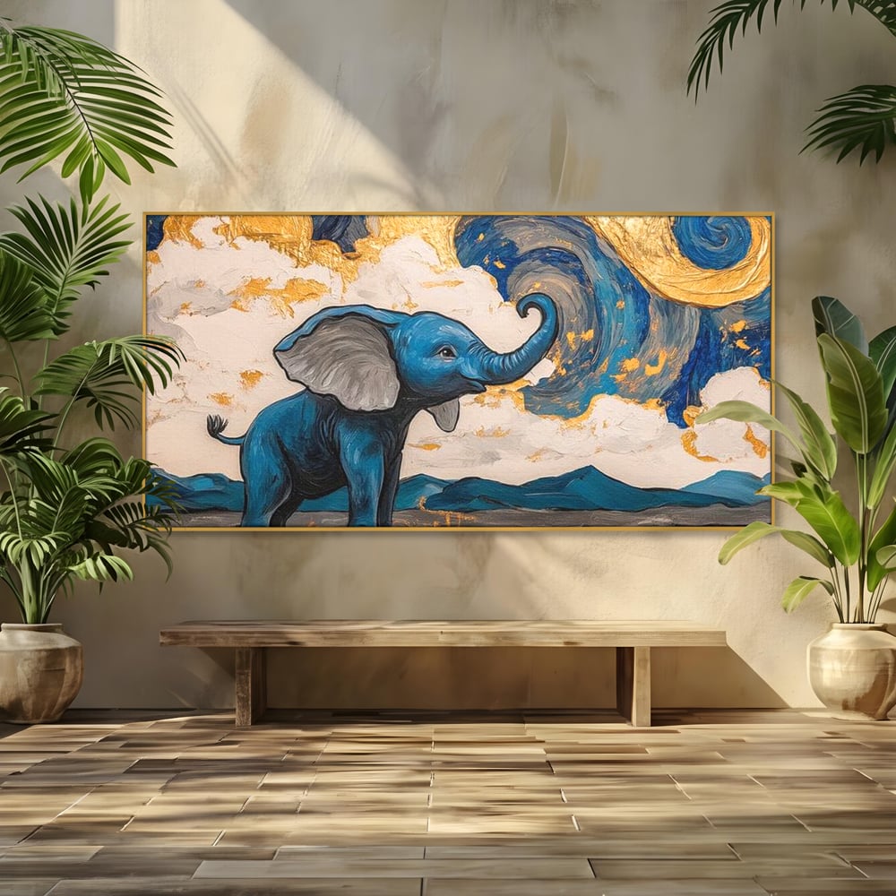 Tablou Canvas Premium, LuxCanva® M1314, Taramul Sclipirilor, Auriu, Valuri, Trompa, Oniric, Elefantel, Pictat, Vis, Dragalas, Magic, Arta Abstracta, Birou, Living, Camera Copil