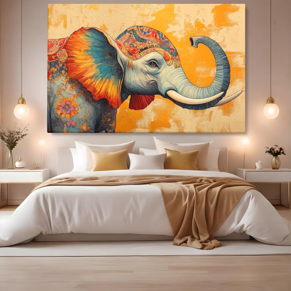 Leinwand Premium Canvas Wandkunst, LuxCanva® M1316, Orientalische Geschichte, Floral, Harmonie, Orientalisch, Ethnisch, Ohren, Elefant, Profil, Wandkunst, Abstrakt, Büro, Wohnzimmer, Kinderzimmer