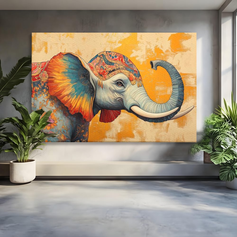 Leinwand Premium Canvas Wandkunst, LuxCanva® M1316, Orientalische Geschichte, Floral, Harmonie, Orientalisch, Ethnisch, Ohren, Elefant, Profil, Wandkunst, Abstrakt, Büro, Wohnzimmer, Kinderzimmer