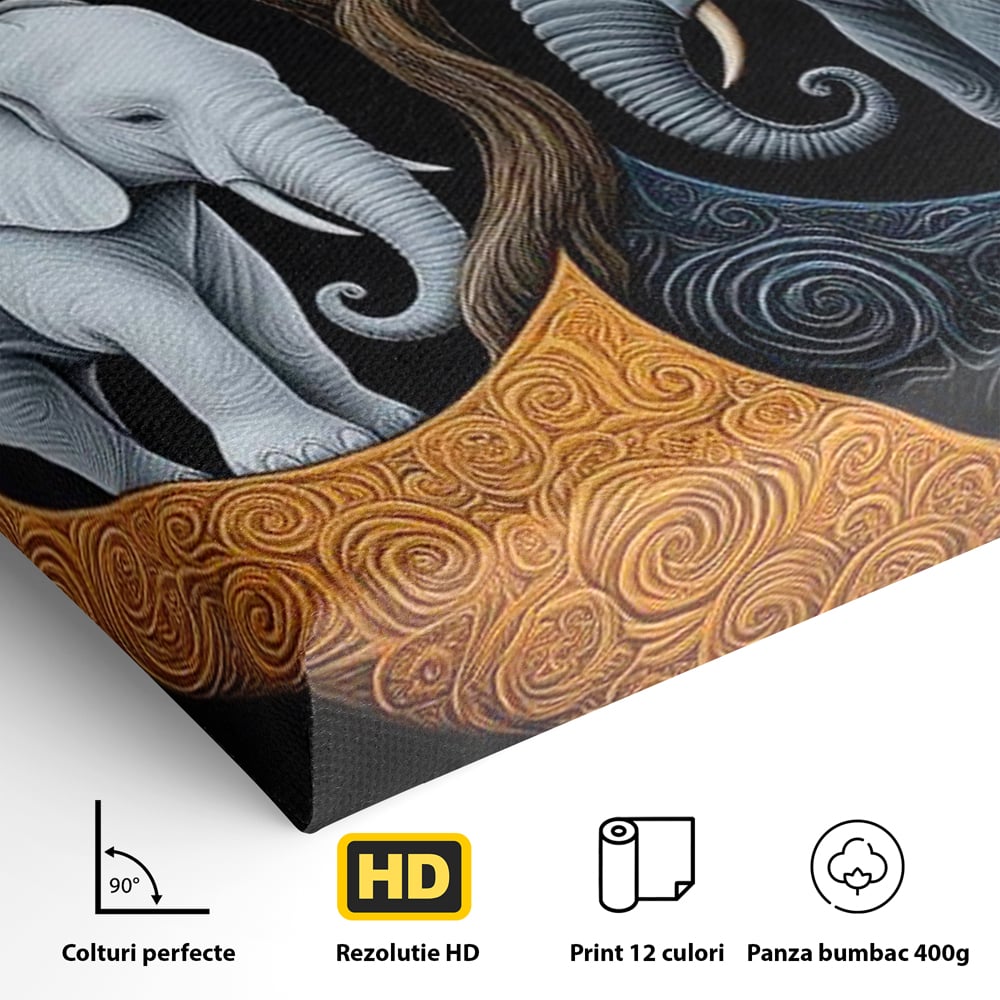 Leinwandbilder Premium, LuxCanva® M1317, Unter dem Baum des Lebens, Yin und Yang, Elefanten, Balance, Zen, Baum, Weisheit, Verbindung, Meditation, Natur, Abstrakt, Büro, Wohnen, Kinderzimmer