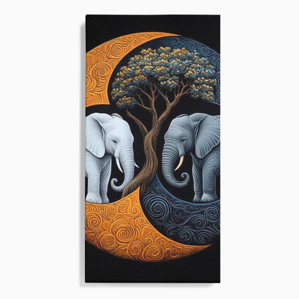 Leinwandbilder Premium, LuxCanva® M1317, Unter dem Baum des Lebens, Yin und Yang, Elefanten, Balance, Zen, Baum, Weisheit, Verbindung, Meditation, Natur, Abstrakt, Büro, Wohnen, Kinderzimmer