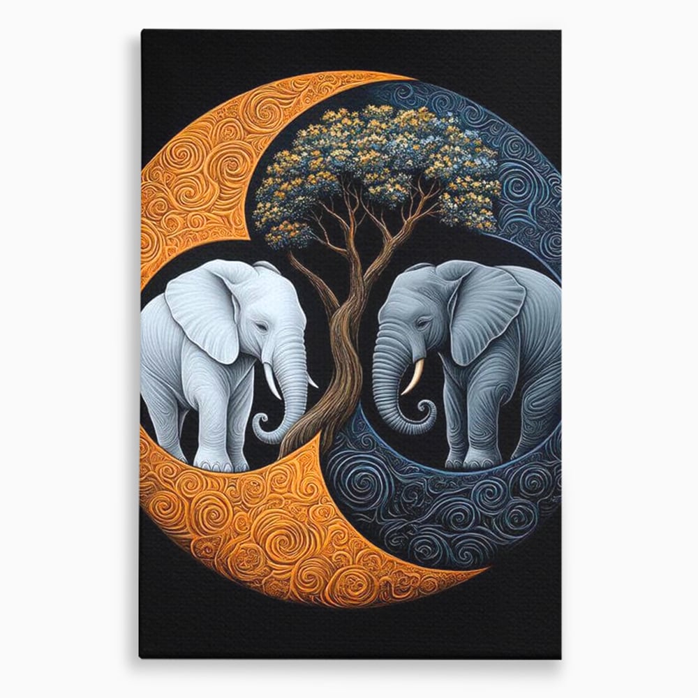 Leinwandbilder Premium, LuxCanva® M1317, Unter dem Baum des Lebens, Yin und Yang, Elefanten, Balance, Zen, Baum, Weisheit, Verbindung, Meditation, Natur, Abstrakt, Büro, Wohnen, Kinderzimmer