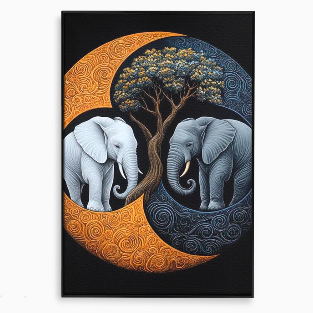 Leinwandbilder Premium, LuxCanva® M1317, Unter dem Baum des Lebens, Yin und Yang, Elefanten, Balance, Zen, Baum, Weisheit, Verbindung, Meditation, Natur, Abstrakt, Büro, Wohnen, Kinderzimmer