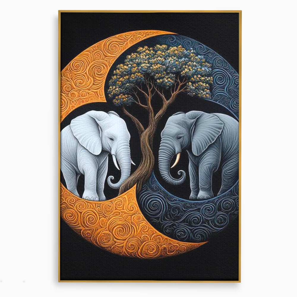 Leinwandbilder Premium, LuxCanva® M1317, Unter dem Baum des Lebens, Yin und Yang, Elefanten, Balance, Zen, Baum, Weisheit, Verbindung, Meditation, Natur, Abstrakt, Büro, Wohnen, Kinderzimmer