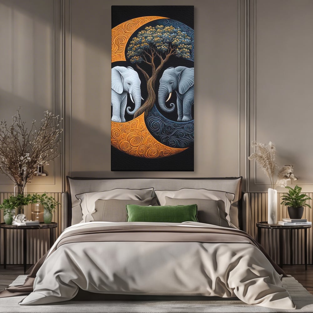 Leinwandbilder Premium, LuxCanva® M1317, Unter dem Baum des Lebens, Yin und Yang, Elefanten, Balance, Zen, Baum, Weisheit, Verbindung, Meditation, Natur, Abstrakt, Büro, Wohnen, Kinderzimmer