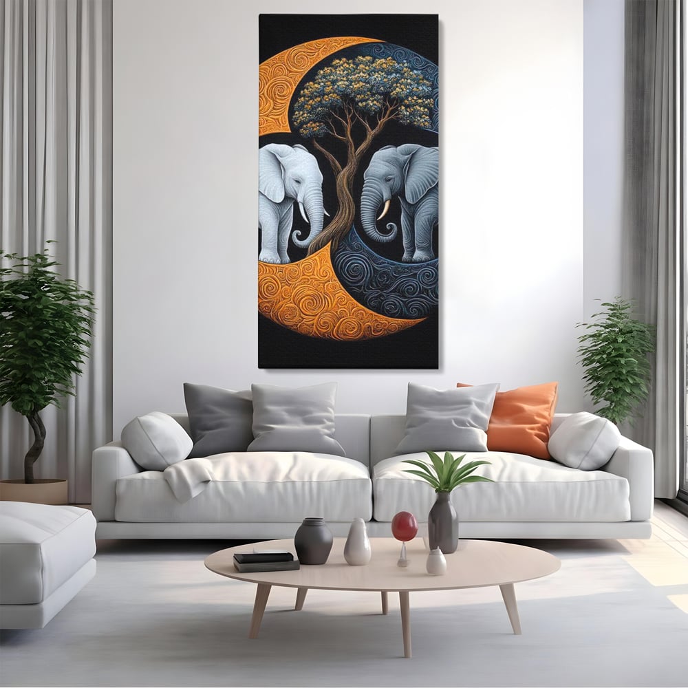 Leinwandbilder Premium, LuxCanva® M1317, Unter dem Baum des Lebens, Yin und Yang, Elefanten, Balance, Zen, Baum, Weisheit, Verbindung, Meditation, Natur, Abstrakt, Büro, Wohnen, Kinderzimmer