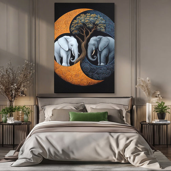 Leinwandbilder Premium, LuxCanva® M1317, Unter dem Baum des Lebens, Yin und Yang, Elefanten, Balance, Zen, Baum, Weisheit, Verbindung, Meditation, Natur, Abstrakt, Büro, Wohnen, Kinderzimmer