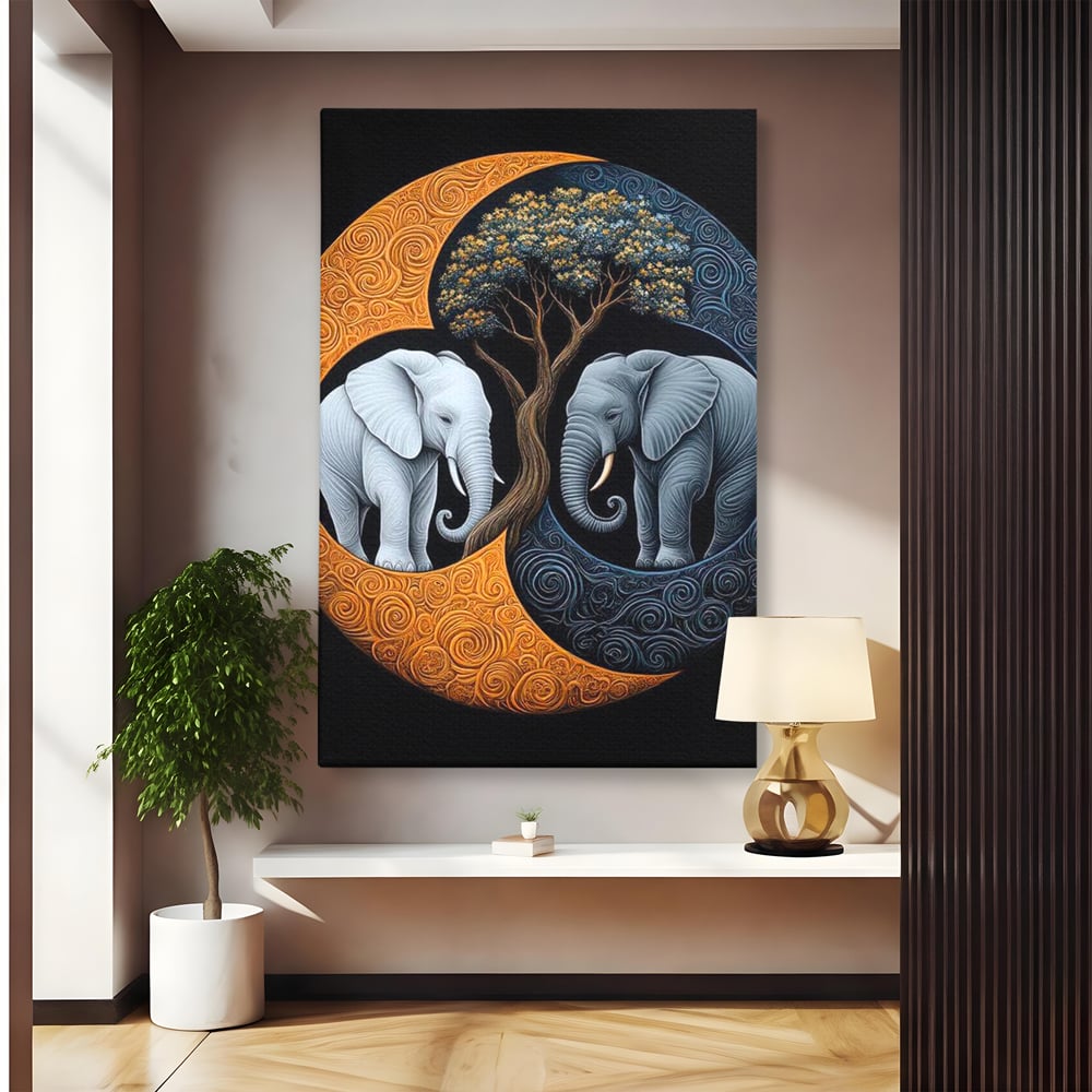 Leinwandbilder Premium, LuxCanva® M1317, Unter dem Baum des Lebens, Yin und Yang, Elefanten, Balance, Zen, Baum, Weisheit, Verbindung, Meditation, Natur, Abstrakt, Büro, Wohnen, Kinderzimmer
