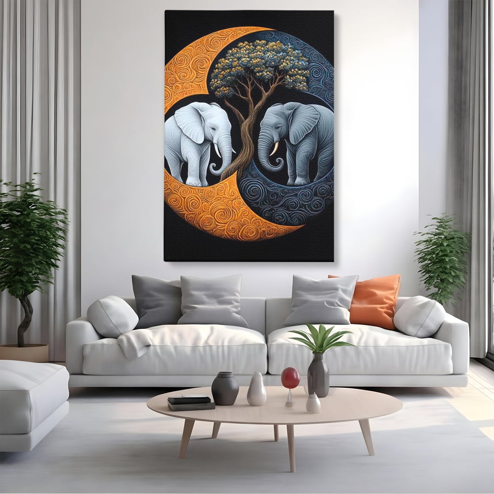 Leinwandbilder Premium, LuxCanva® M1317, Unter dem Baum des Lebens, Yin und Yang, Elefanten, Balance, Zen, Baum, Weisheit, Verbindung, Meditation, Natur, Abstrakt, Büro, Wohnen, Kinderzimmer