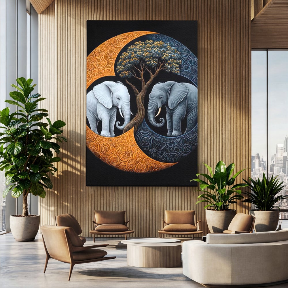 Leinwandbilder Premium, LuxCanva® M1317, Unter dem Baum des Lebens, Yin und Yang, Elefanten, Balance, Zen, Baum, Weisheit, Verbindung, Meditation, Natur, Abstrakt, Büro, Wohnen, Kinderzimmer