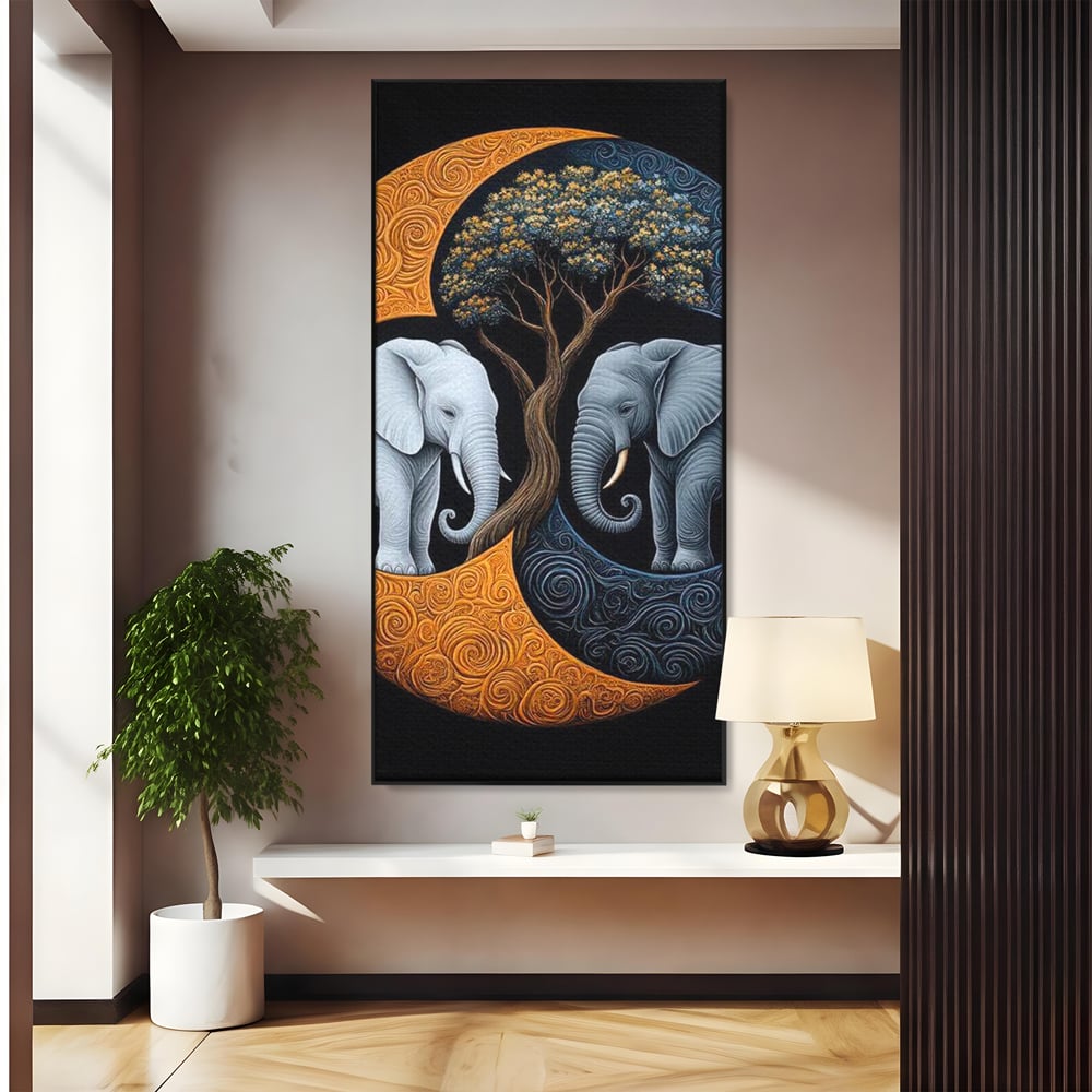 Leinwandbilder Premium, LuxCanva® M1317, Unter dem Baum des Lebens, Yin und Yang, Elefanten, Balance, Zen, Baum, Weisheit, Verbindung, Meditation, Natur, Abstrakt, Büro, Wohnen, Kinderzimmer