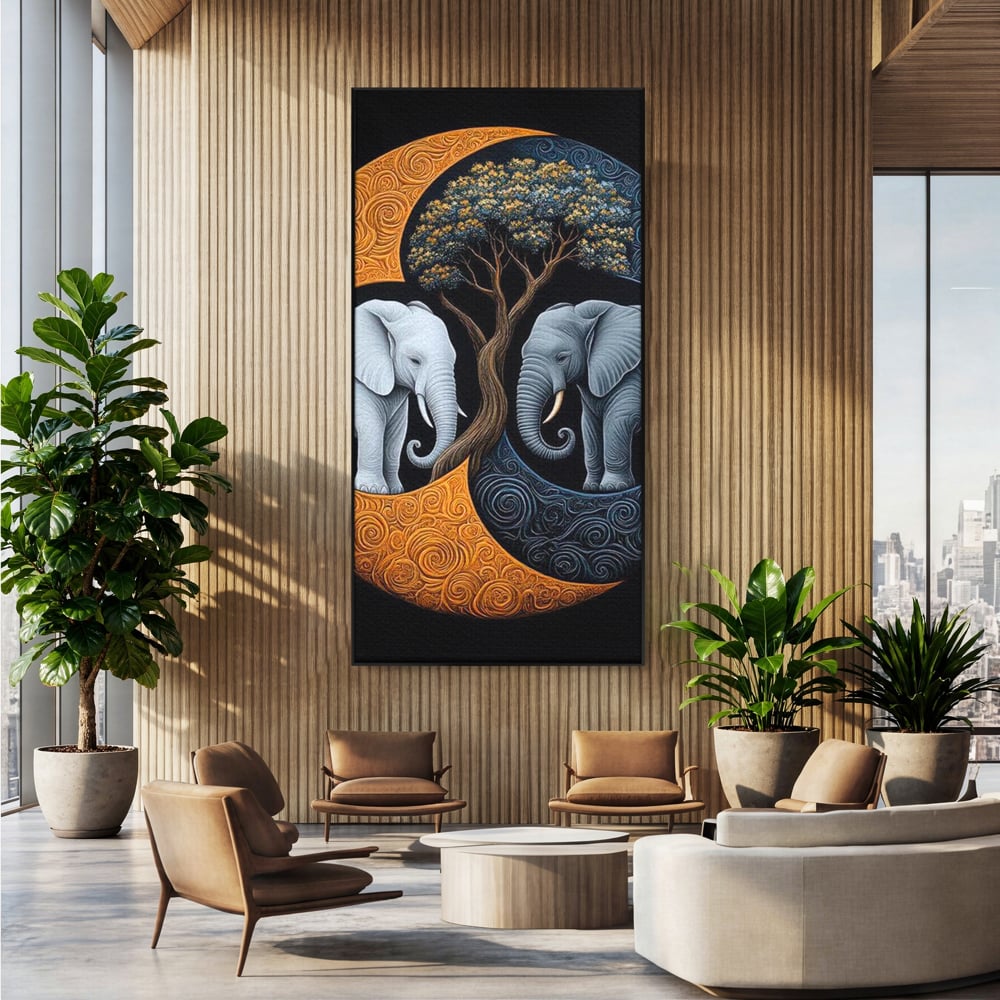 Leinwandbilder Premium, LuxCanva® M1317, Unter dem Baum des Lebens, Yin und Yang, Elefanten, Balance, Zen, Baum, Weisheit, Verbindung, Meditation, Natur, Abstrakt, Büro, Wohnen, Kinderzimmer