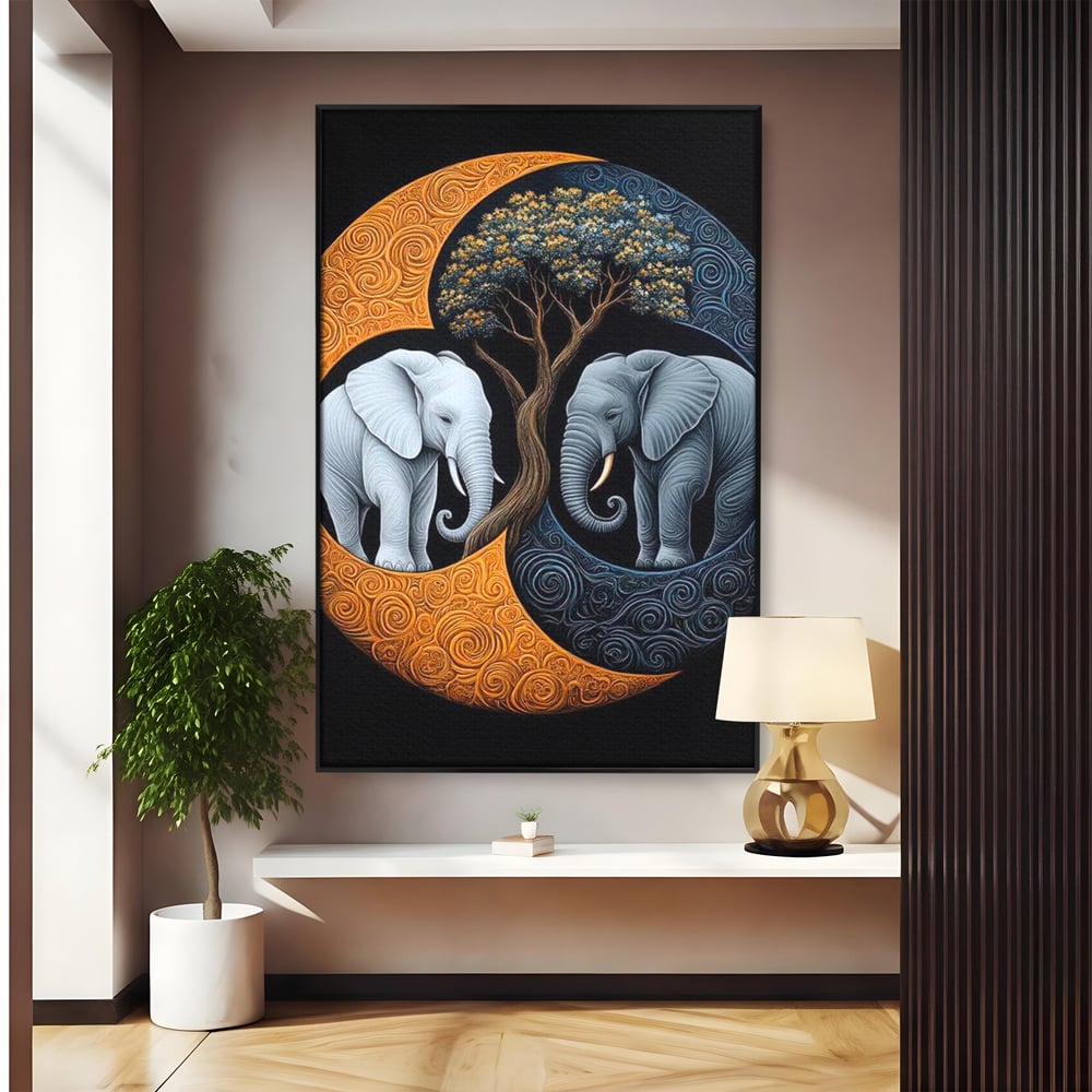 Leinwandbilder Premium, LuxCanva® M1317, Unter dem Baum des Lebens, Yin und Yang, Elefanten, Balance, Zen, Baum, Weisheit, Verbindung, Meditation, Natur, Abstrakt, Büro, Wohnen, Kinderzimmer