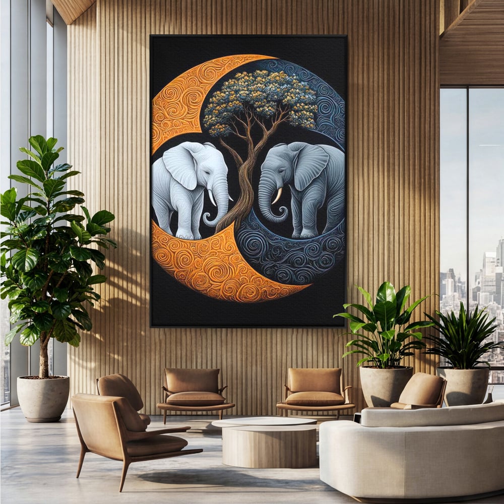 Leinwandbilder Premium, LuxCanva® M1317, Unter dem Baum des Lebens, Yin und Yang, Elefanten, Balance, Zen, Baum, Weisheit, Verbindung, Meditation, Natur, Abstrakt, Büro, Wohnen, Kinderzimmer