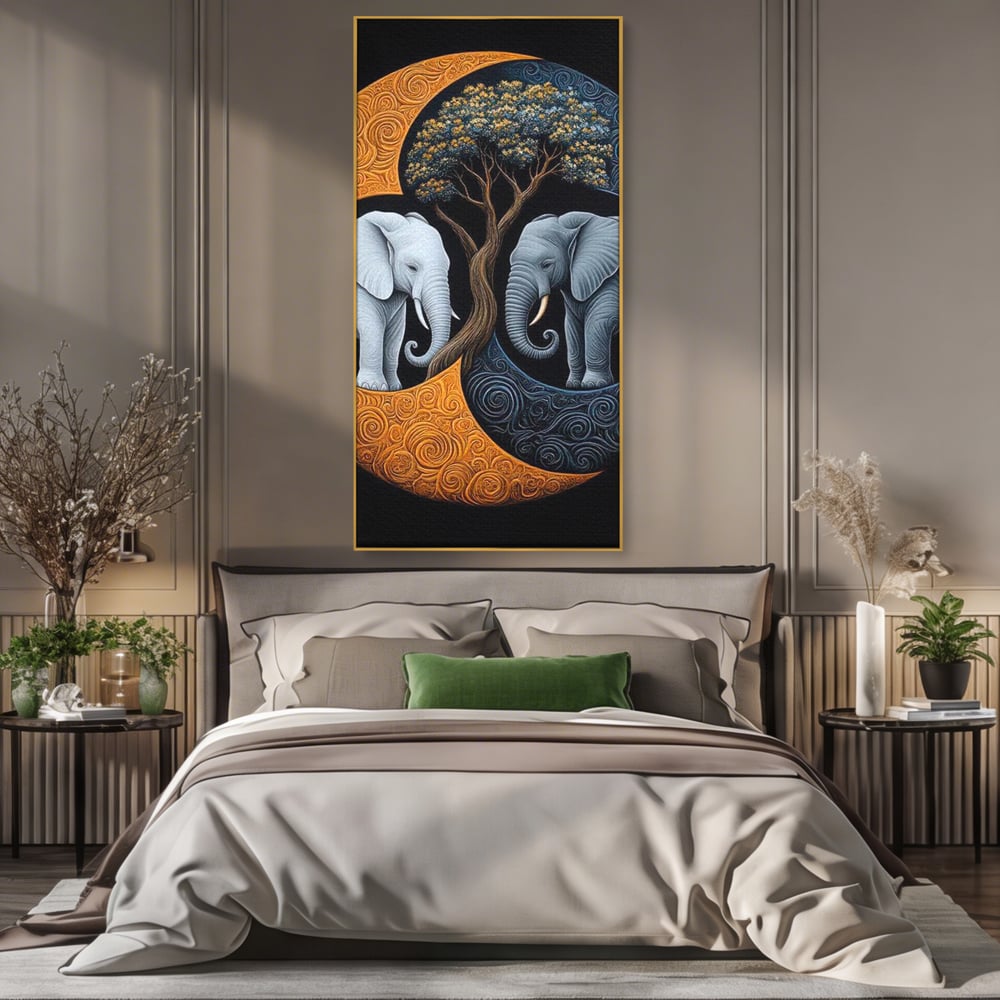 Leinwandbilder Premium, LuxCanva® M1317, Unter dem Baum des Lebens, Yin und Yang, Elefanten, Balance, Zen, Baum, Weisheit, Verbindung, Meditation, Natur, Abstrakt, Büro, Wohnen, Kinderzimmer