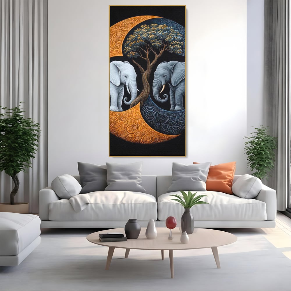Leinwandbilder Premium, LuxCanva® M1317, Unter dem Baum des Lebens, Yin und Yang, Elefanten, Balance, Zen, Baum, Weisheit, Verbindung, Meditation, Natur, Abstrakt, Büro, Wohnen, Kinderzimmer