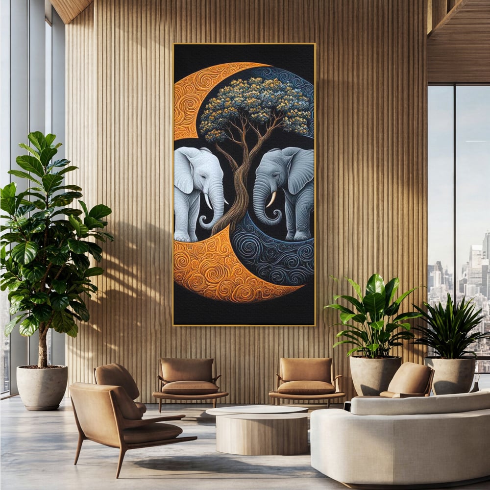 Leinwandbilder Premium, LuxCanva® M1317, Unter dem Baum des Lebens, Yin und Yang, Elefanten, Balance, Zen, Baum, Weisheit, Verbindung, Meditation, Natur, Abstrakt, Büro, Wohnen, Kinderzimmer
