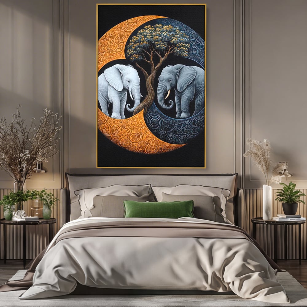 Leinwandbilder Premium, LuxCanva® M1317, Unter dem Baum des Lebens, Yin und Yang, Elefanten, Balance, Zen, Baum, Weisheit, Verbindung, Meditation, Natur, Abstrakt, Büro, Wohnen, Kinderzimmer