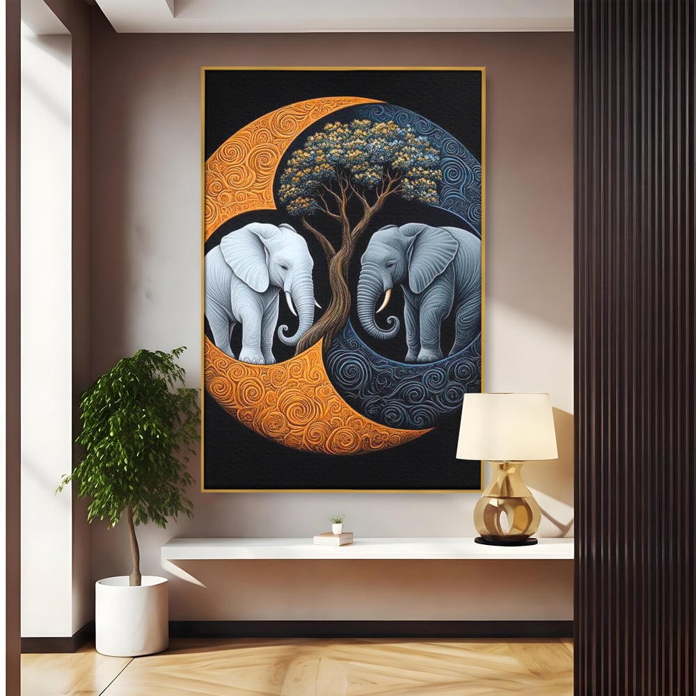 Leinwandbilder Premium, LuxCanva® M1317, Unter dem Baum des Lebens, Yin und Yang, Elefanten, Balance, Zen, Baum, Weisheit, Verbindung, Meditation, Natur, Abstrakt, Büro, Wohnen, Kinderzimmer
