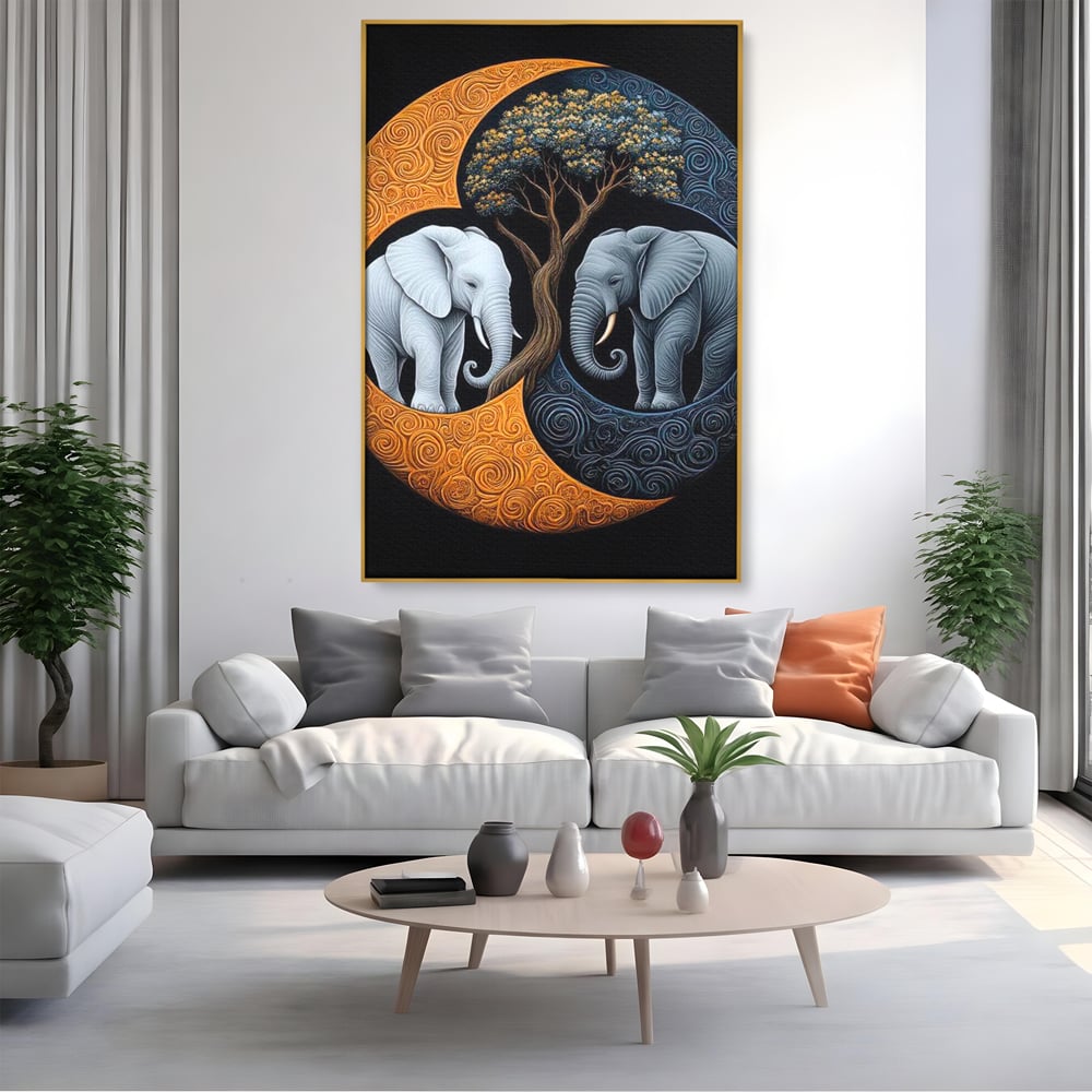 Leinwandbilder Premium, LuxCanva® M1317, Unter dem Baum des Lebens, Yin und Yang, Elefanten, Balance, Zen, Baum, Weisheit, Verbindung, Meditation, Natur, Abstrakt, Büro, Wohnen, Kinderzimmer