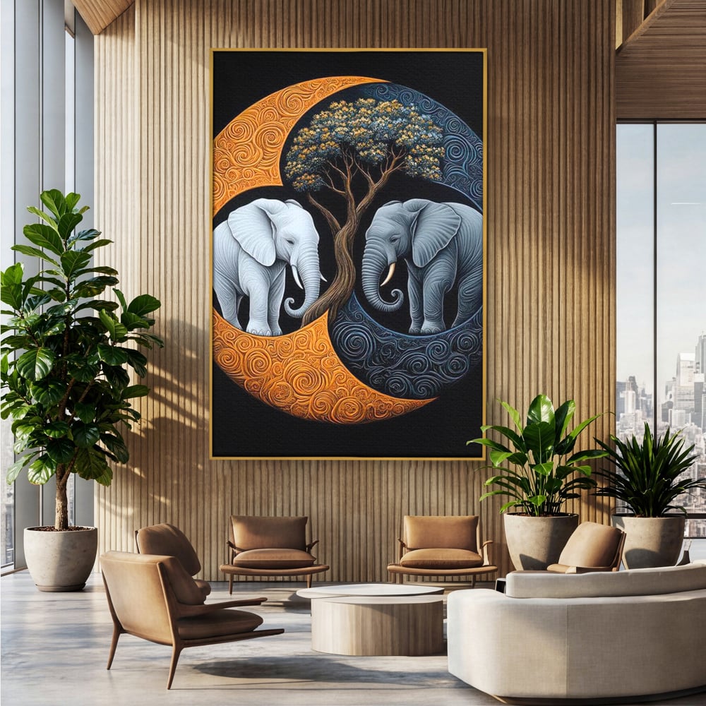 Leinwandbilder Premium, LuxCanva® M1317, Unter dem Baum des Lebens, Yin und Yang, Elefanten, Balance, Zen, Baum, Weisheit, Verbindung, Meditation, Natur, Abstrakt, Büro, Wohnen, Kinderzimmer