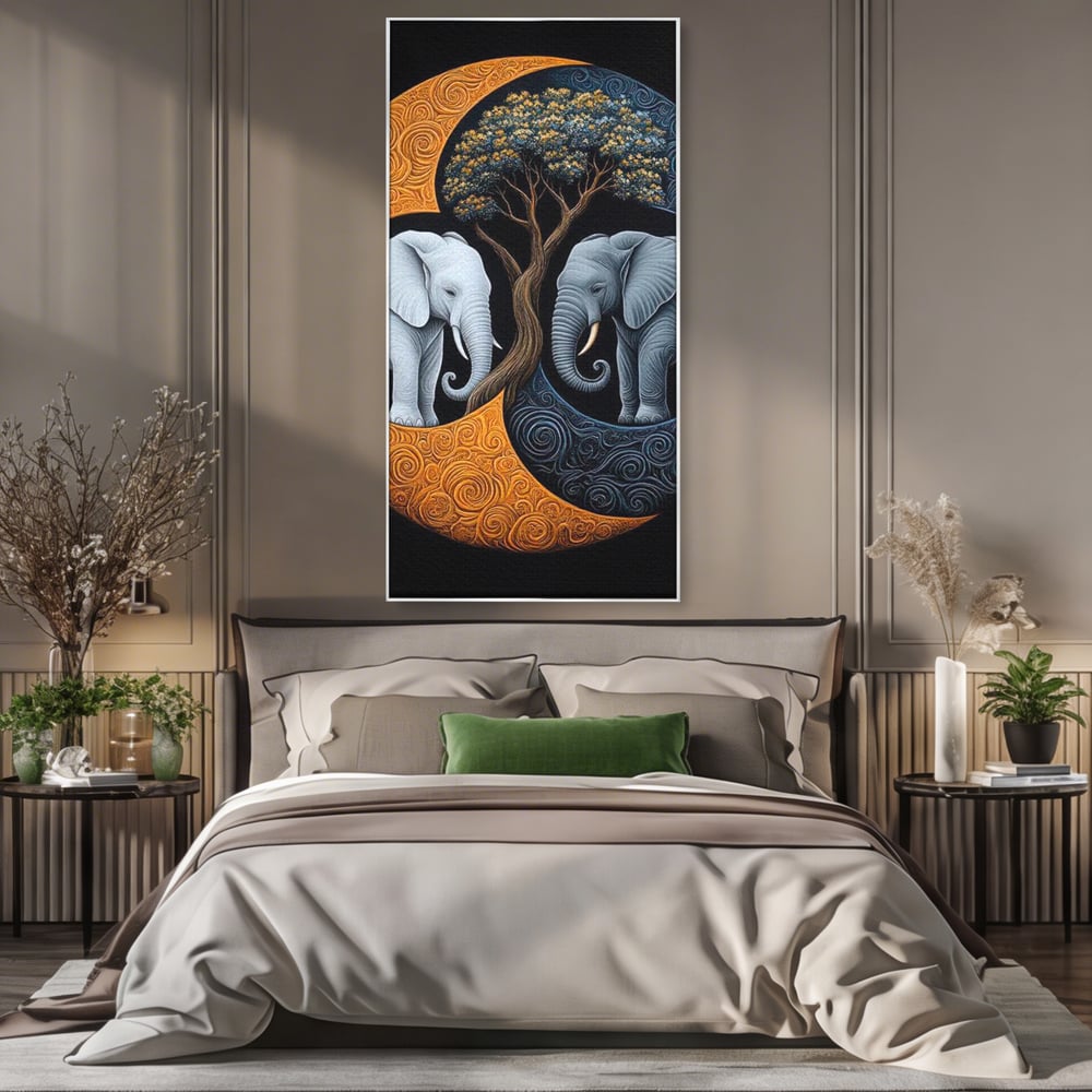 Leinwandbilder Premium, LuxCanva® M1317, Unter dem Baum des Lebens, Yin und Yang, Elefanten, Balance, Zen, Baum, Weisheit, Verbindung, Meditation, Natur, Abstrakt, Büro, Wohnen, Kinderzimmer