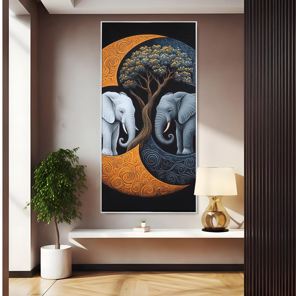 Leinwandbilder Premium, LuxCanva® M1317, Unter dem Baum des Lebens, Yin und Yang, Elefanten, Balance, Zen, Baum, Weisheit, Verbindung, Meditation, Natur, Abstrakt, Büro, Wohnen, Kinderzimmer