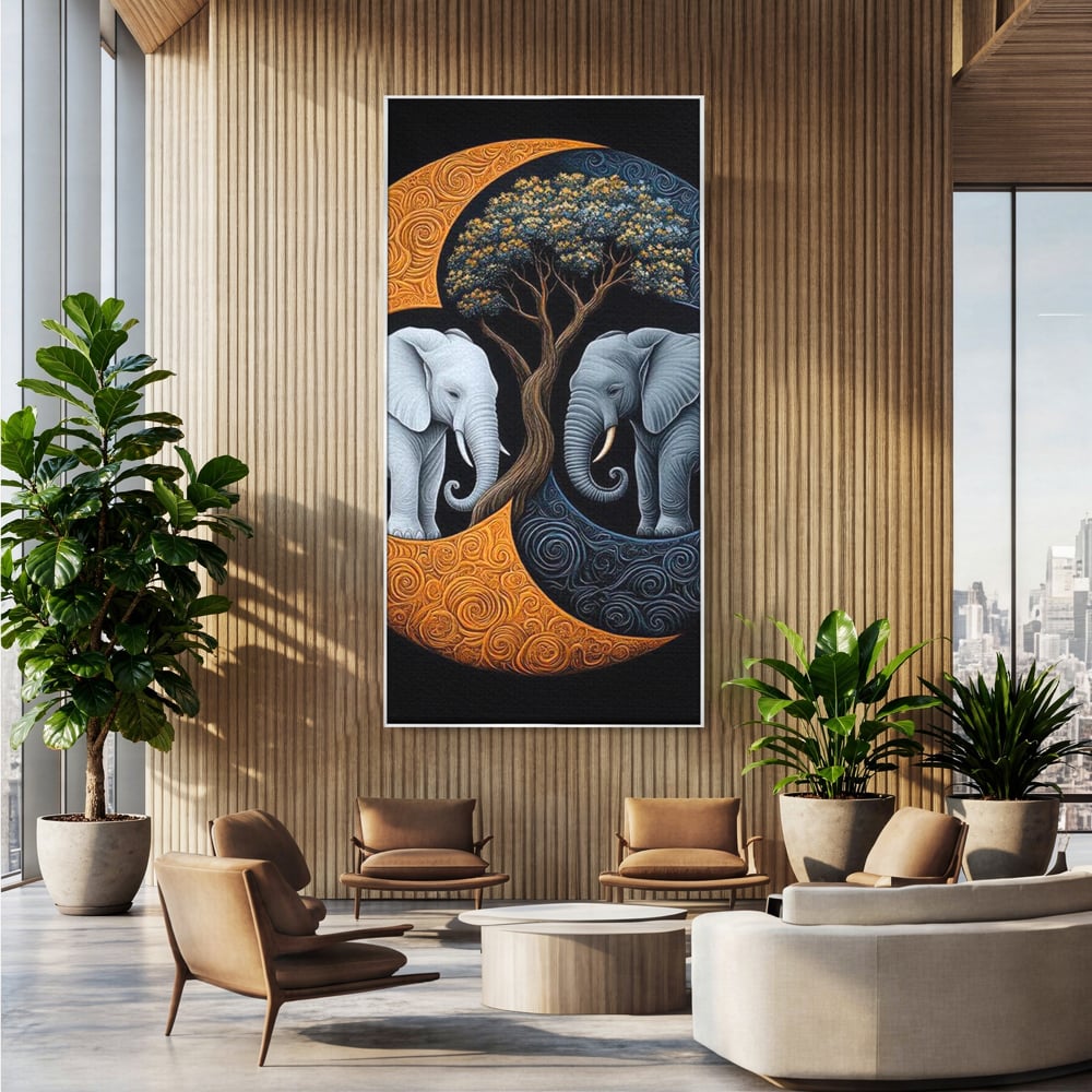 Leinwandbilder Premium, LuxCanva® M1317, Unter dem Baum des Lebens, Yin und Yang, Elefanten, Balance, Zen, Baum, Weisheit, Verbindung, Meditation, Natur, Abstrakt, Büro, Wohnen, Kinderzimmer