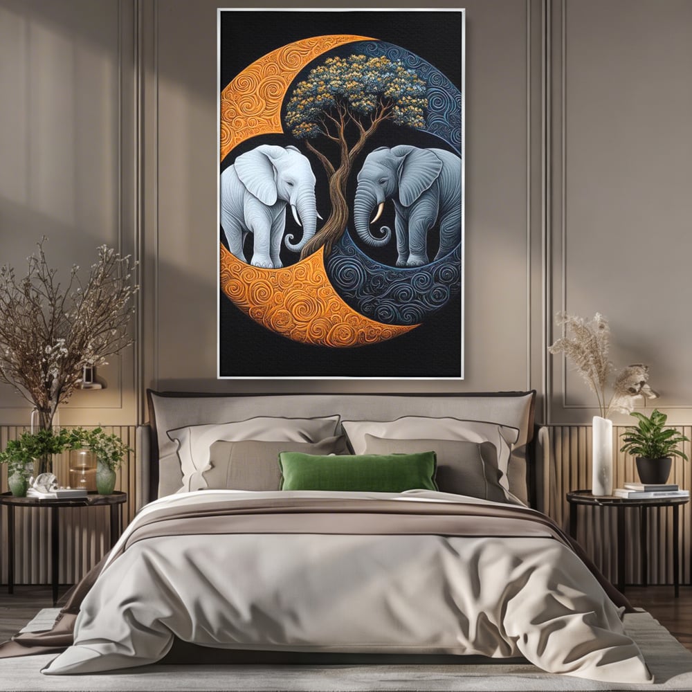 Leinwandbilder Premium, LuxCanva® M1317, Unter dem Baum des Lebens, Yin und Yang, Elefanten, Balance, Zen, Baum, Weisheit, Verbindung, Meditation, Natur, Abstrakt, Büro, Wohnen, Kinderzimmer