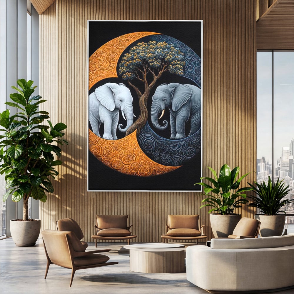 Leinwandbilder Premium, LuxCanva® M1317, Unter dem Baum des Lebens, Yin und Yang, Elefanten, Balance, Zen, Baum, Weisheit, Verbindung, Meditation, Natur, Abstrakt, Büro, Wohnen, Kinderzimmer