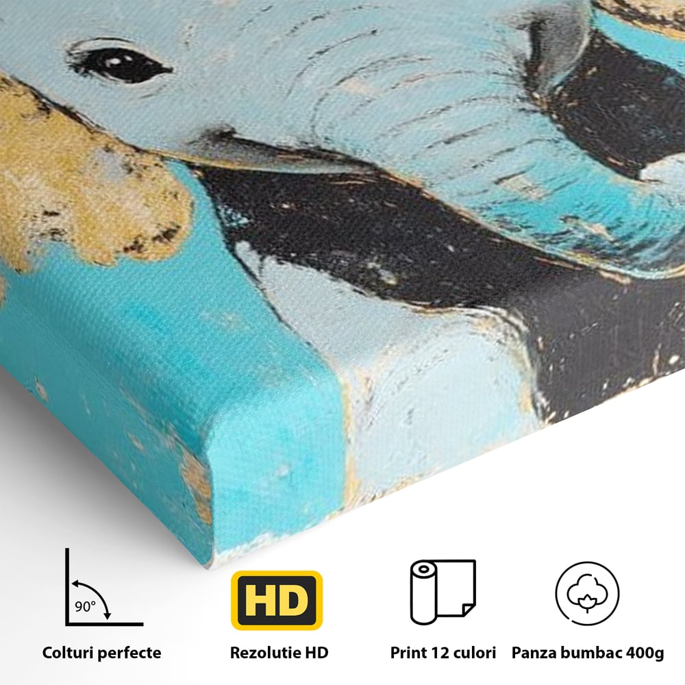 Leinwand Wandkunst Canvas Premium, LuxCanva® M1318, Pastell Freude, Elefant, Porträt, Gold, strukturiert, Vintage, niedlich, Trompete, Ohren, Glück, Lächeln, Unschuld, Büro, Wohnen, Kinderzimmer