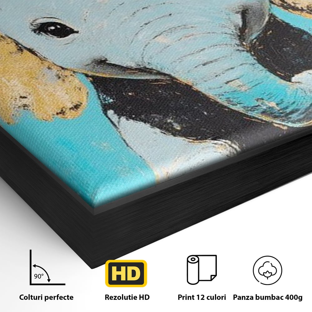Leinwand Wandkunst Canvas Premium, LuxCanva® M1318, Pastell Freude, Elefant, Porträt, Gold, strukturiert, Vintage, niedlich, Trompete, Ohren, Glück, Lächeln, Unschuld, Büro, Wohnen, Kinderzimmer