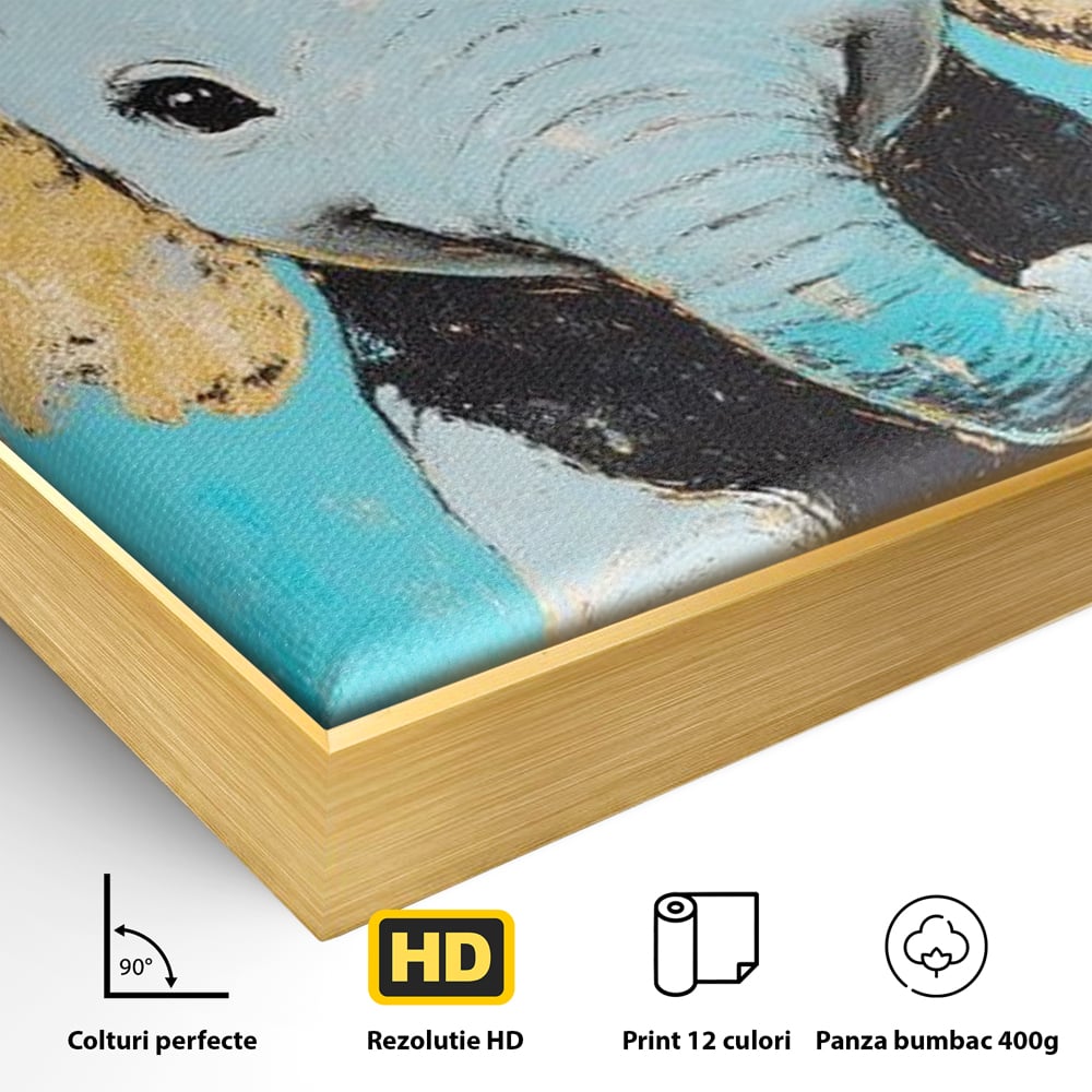 Leinwand Wandkunst Canvas Premium, LuxCanva® M1318, Pastell Freude, Elefant, Porträt, Gold, strukturiert, Vintage, niedlich, Trompete, Ohren, Glück, Lächeln, Unschuld, Büro, Wohnen, Kinderzimmer