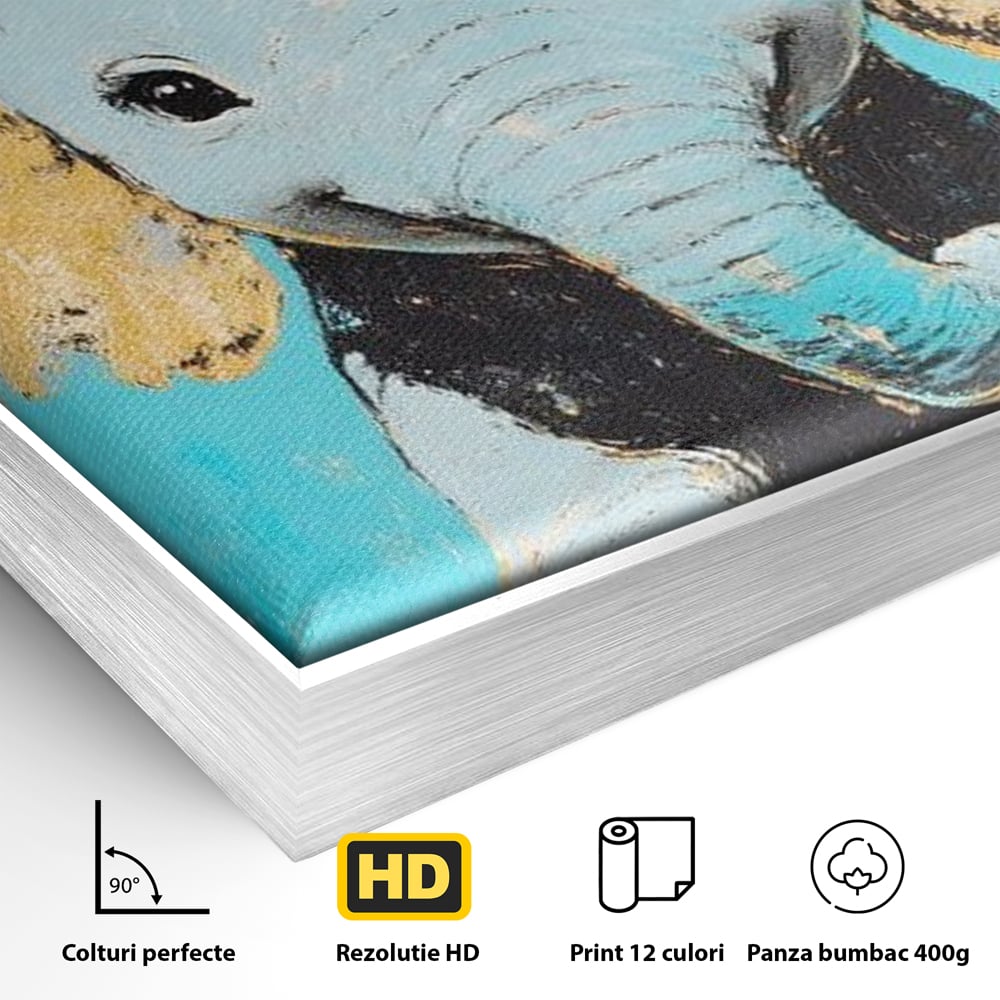 Leinwand Wandkunst Canvas Premium, LuxCanva® M1318, Pastell Freude, Elefant, Porträt, Gold, strukturiert, Vintage, niedlich, Trompete, Ohren, Glück, Lächeln, Unschuld, Büro, Wohnen, Kinderzimmer